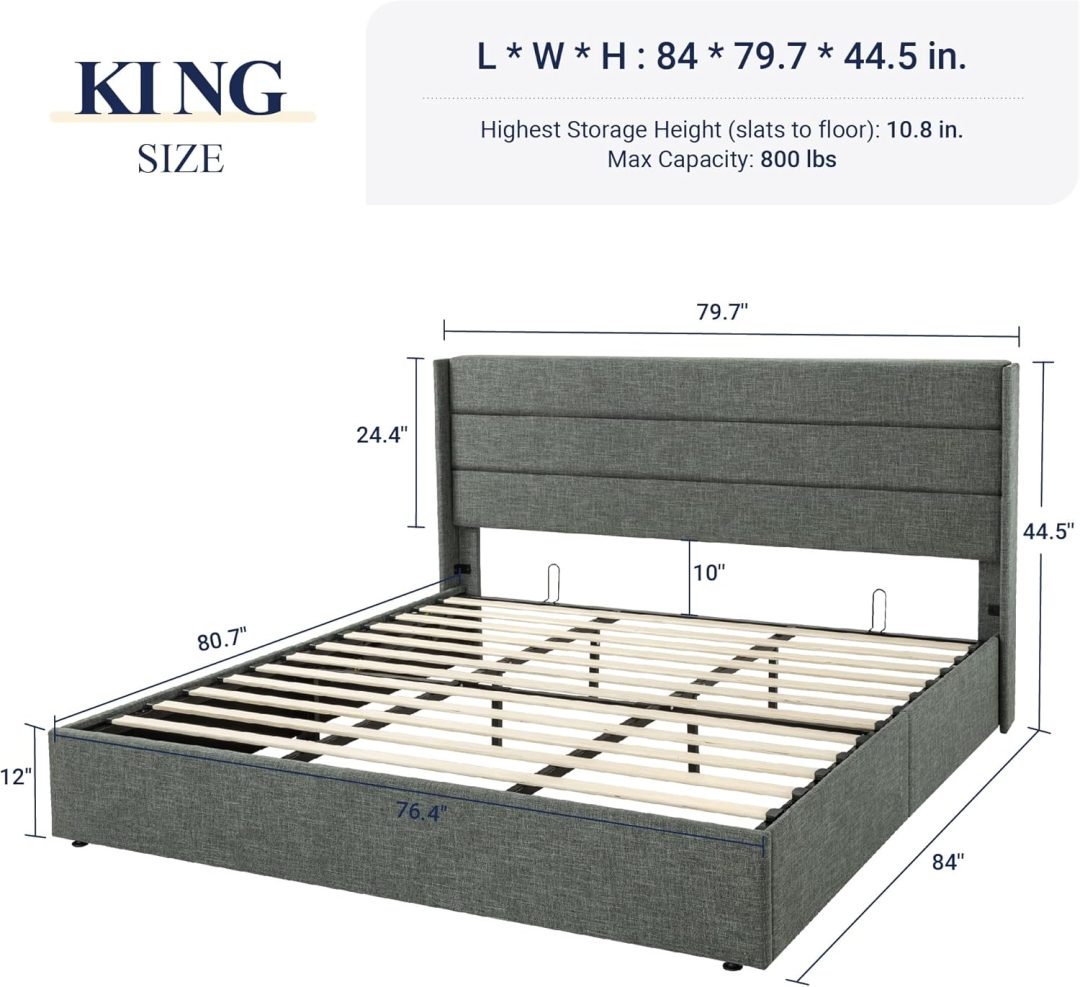 ZenVora Queen Size Lift Up Storage Bed with Wingback Headboard, Upholstered Platform Bed Frame with Hidden Storage
