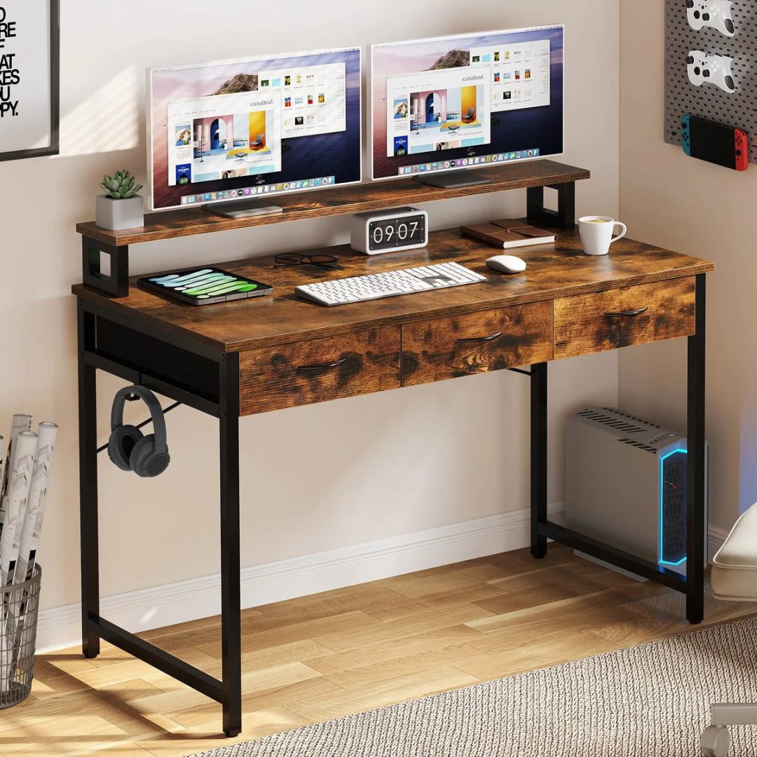ZenVora Small Computer Desk with Fabric Drawers and Monitor Stand, Compact Home Office Workstation for Small Spaces