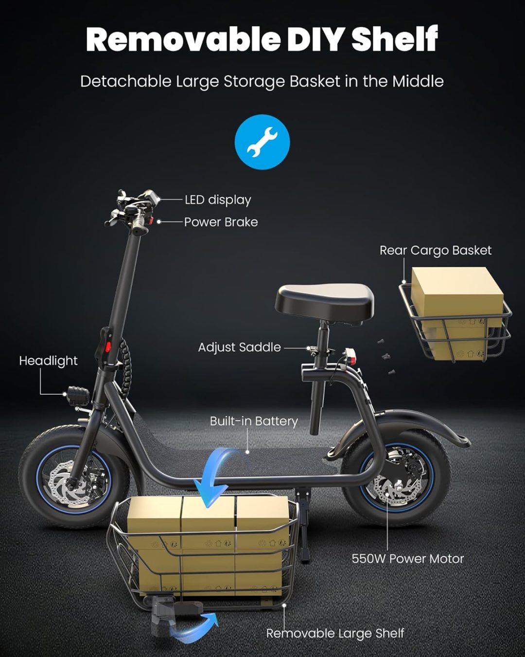 ZenVora Adults Electric Scooter with Large Middle Basket