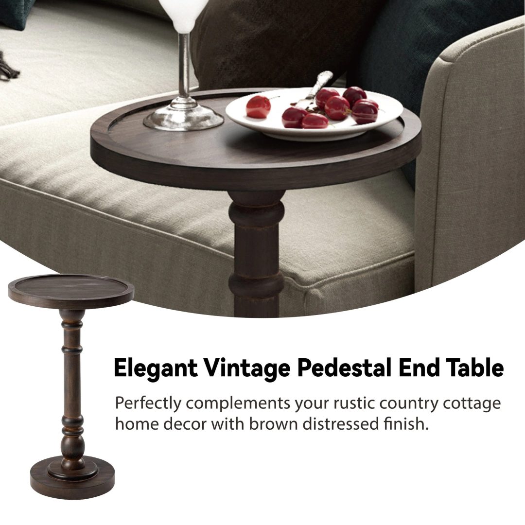 ZenVora Small Pedestal End Table with Tray Top, Farmhouse Distressed Finish Accent Table