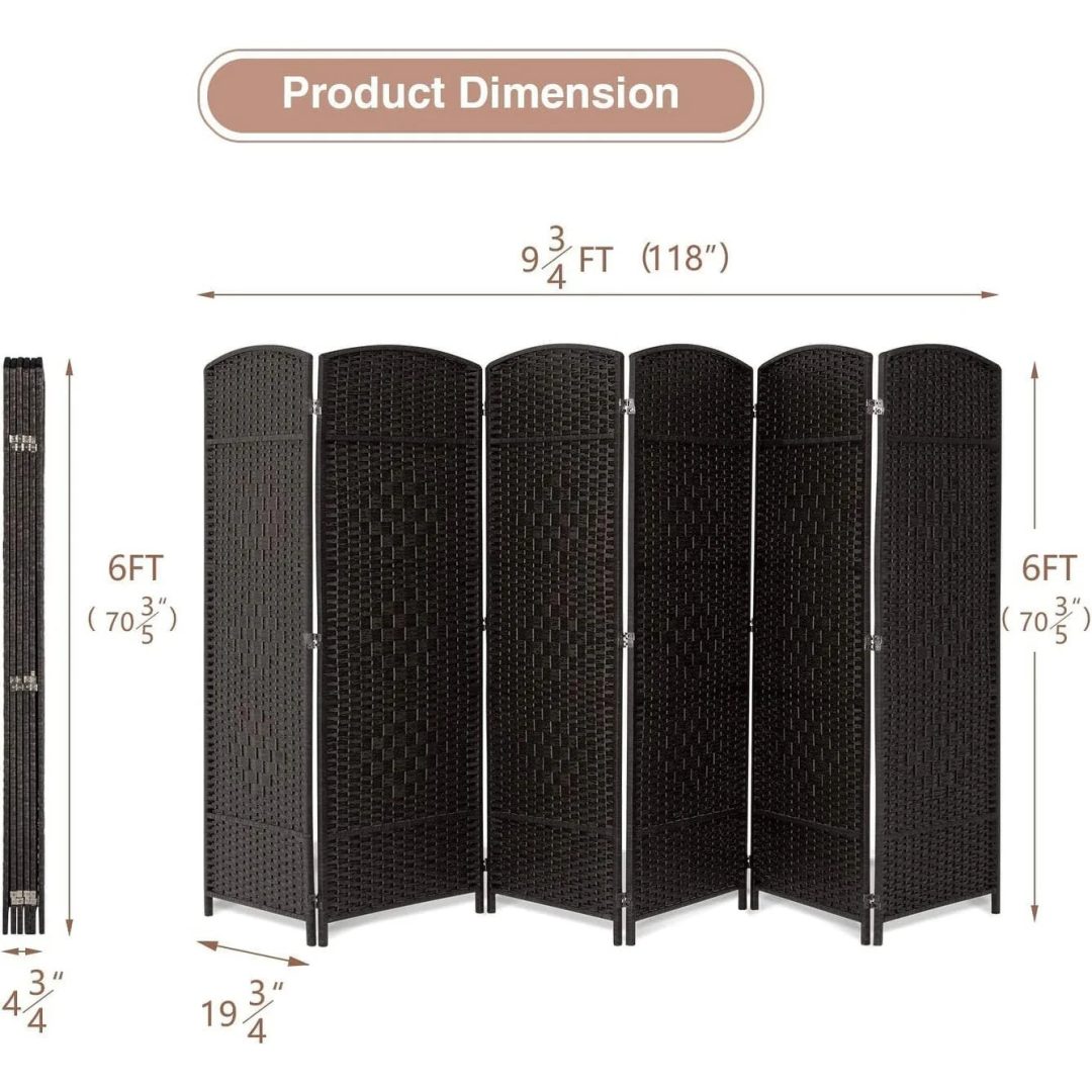ZenVora 6 FT Tall Woven Fiber Room Divider, Freestanding Folding Privacy Screen