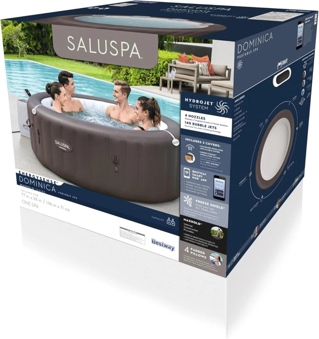 ZenVora 71 x 26-Inch Inflatable Hot Tub Spa for 2-4 Persons, Portable, with 2 Covers, Black