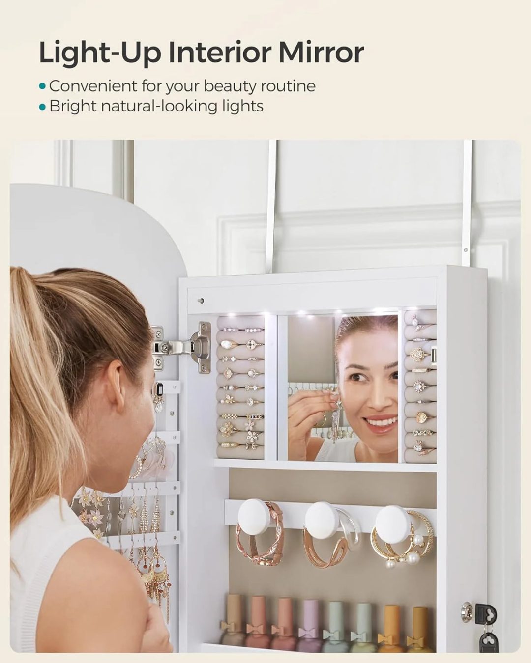 ZenVora LED Jewelry Organizer Cabinet, Wall or Door Mounted Jewelry Storage Mirror with LED Lights