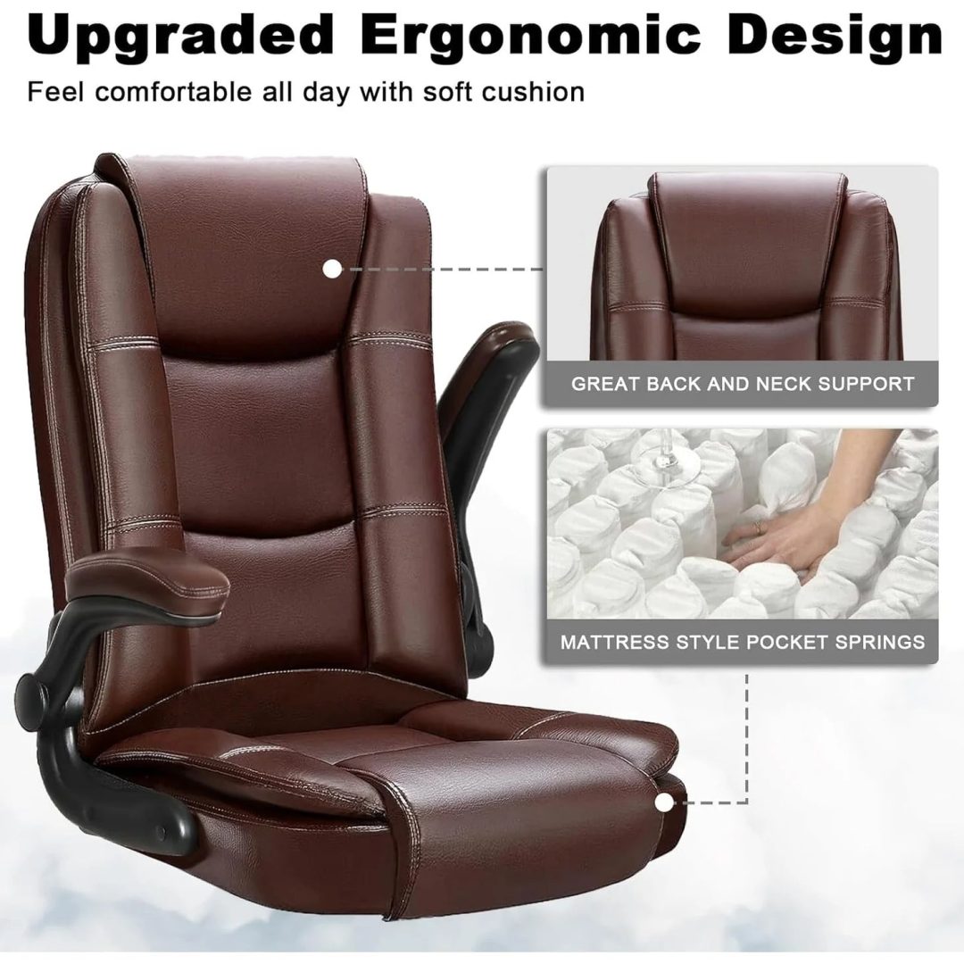 ZenVora Big and Tall Ergonomic Office Chair, High Back Leather Executive Computer Chair with Padded Flip-Up Arms