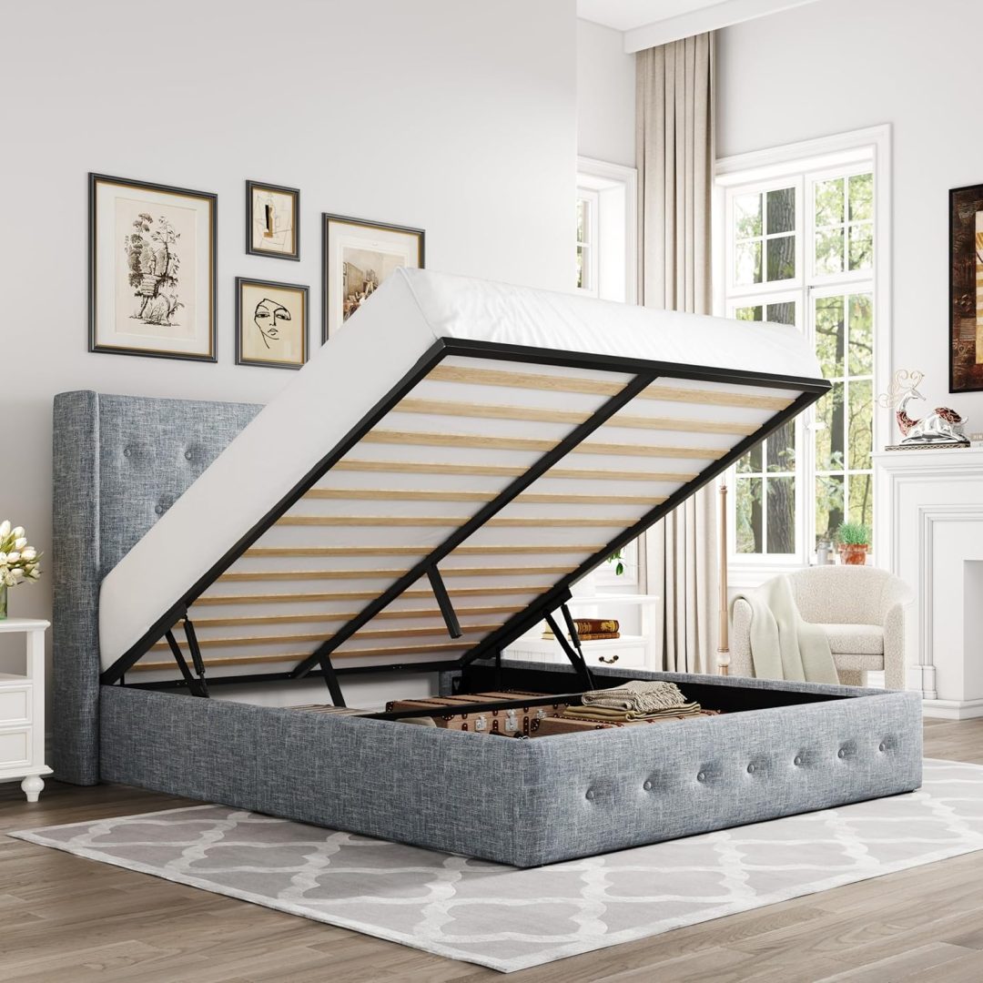 ZenVora Queen Size Lift Up Storage Bed with Wingback Headboard, Upholstered Platform Bed Frame with Hidden Storage