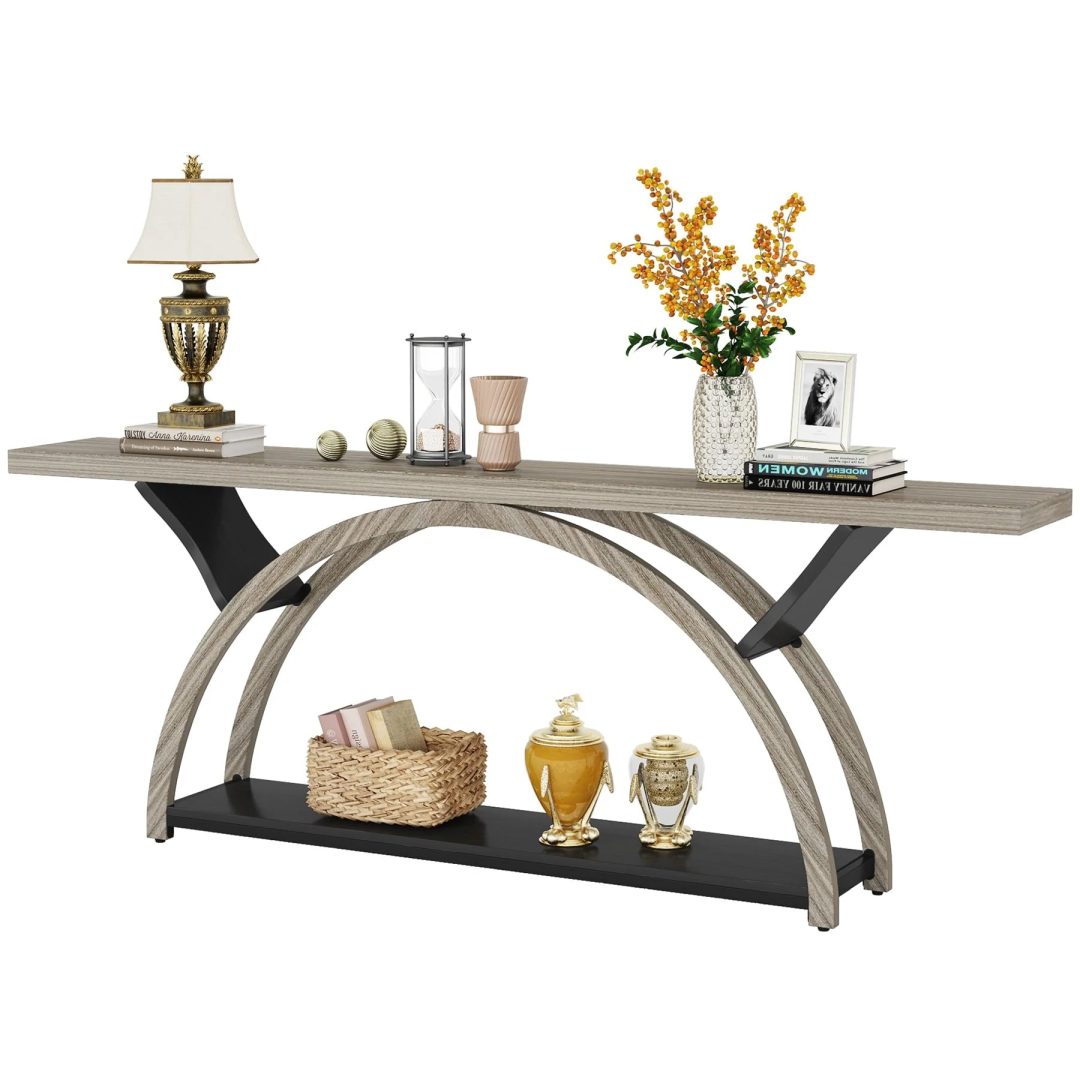 ZenVora Gray 2-Tier Slim Console Sofa Table, Semi-Circular Metal Frame for Hallway