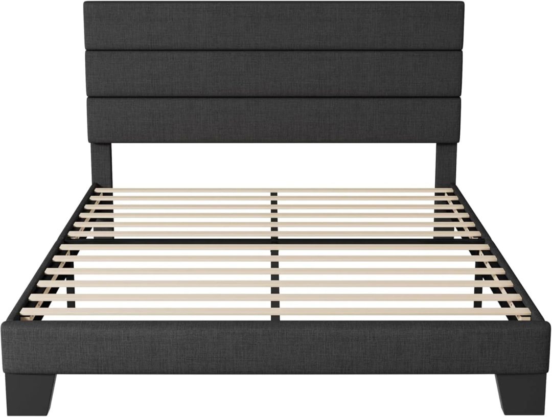 ZenVora Queen Size Upholstered Platform Bed Frame, Dark Gray Fabric Bed with Headboard for Bedroom