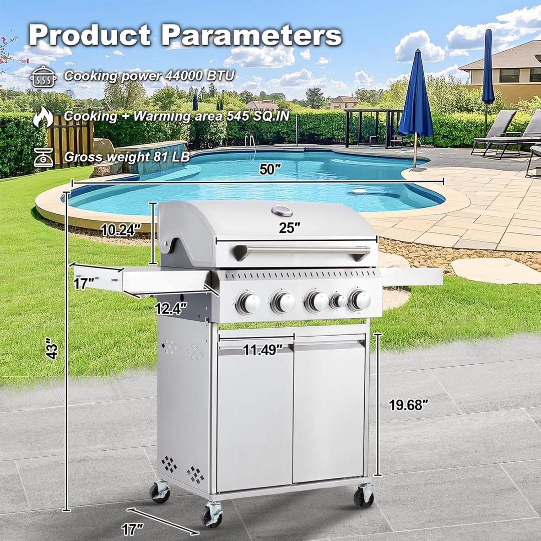 ZenVora 4-Burner Propane Gas Grill with Cast Iron Grates, Side Stove and 44,000 BTU Stainless Steel Burners