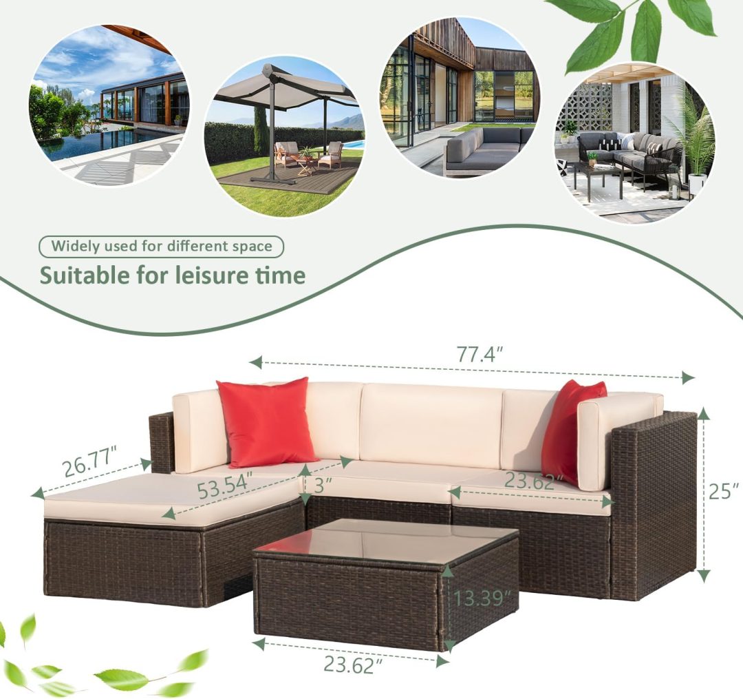ZenVora 5-Piece All-Weather Patio Furniture Set with Cushions, Outdoor Wicker Conversation Sofa Set for Garden, Deck & Backyard