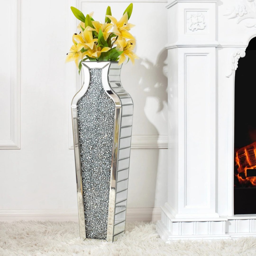 ZenVora Tall Crushed Diamond Floor Vase, Luxury Decorative Crystal Accent Vase for Living Room, Bedroom and Home Decor
