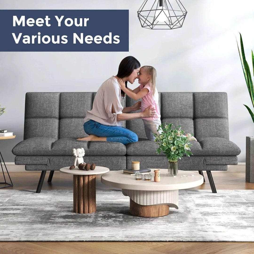ZenVora Convertible Futon Sofa Bed with Memory Foam, Foldable Loveseat Sleeper with Adjustable Armrests