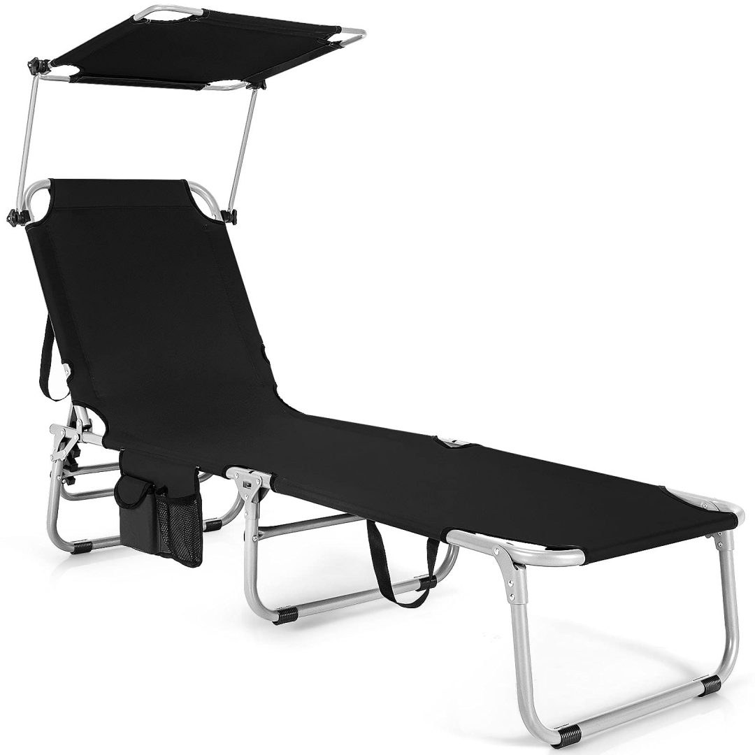 ZenVora Folding Lounge Chair with Canopy – Shade Chair with Storage Pocket