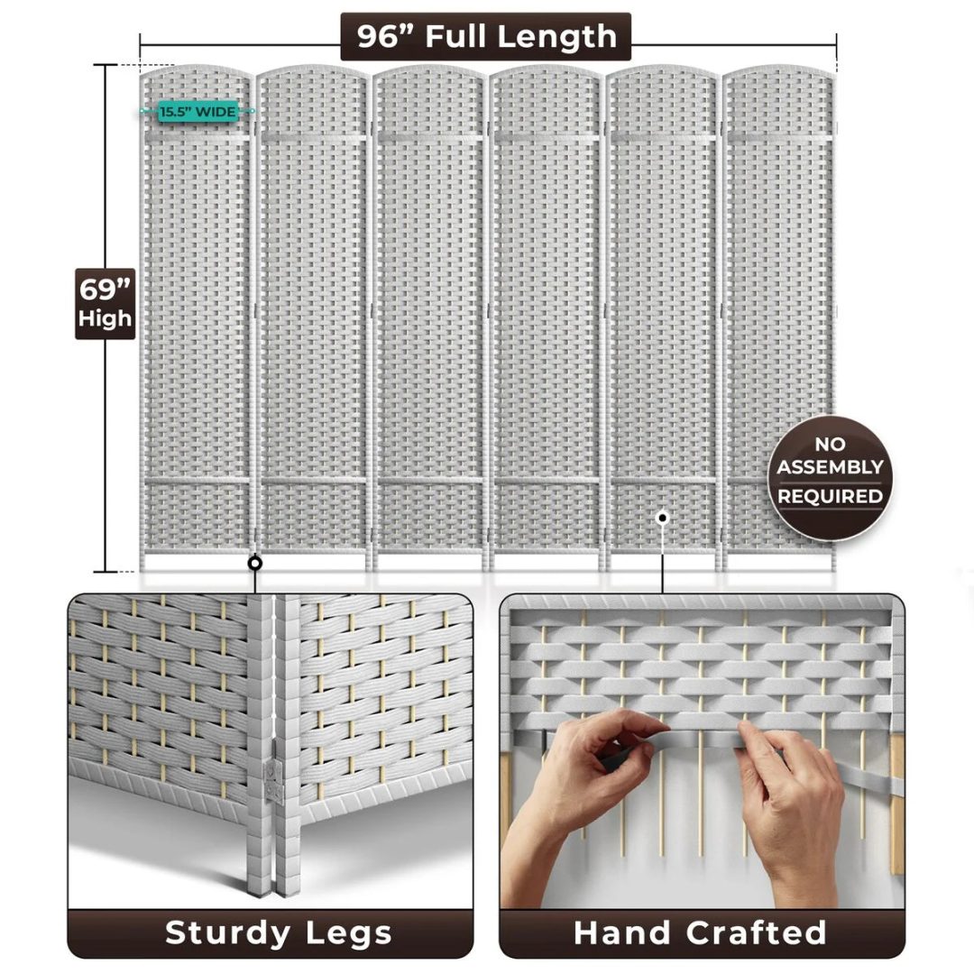 ZenVora 6 Panel Room Divider, 6ft Tall Extra Wide Folding Privacy Screen with Hand-Woven Mesh Panels