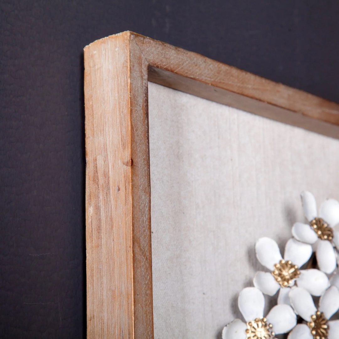 ZenVora Set of 2 White and Gold Metal Flower Wall Decor with Wood Frames, Decorative Floral Wall Art