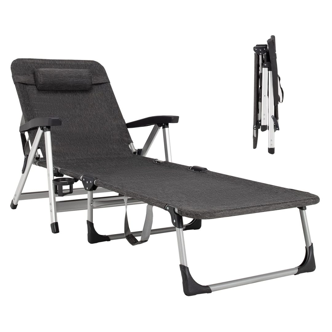 Folding Outdoor Chaise Lounge Chair with Cup Holder and Detachable Headrest