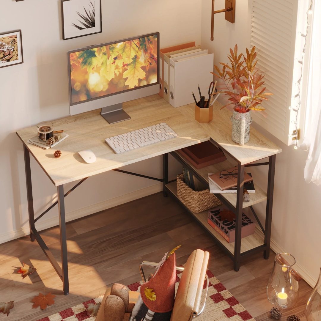 ZenVora Small L Shaped Computer Desk with Storage Shelves, Compact Corner Workstation for Home Office and Study