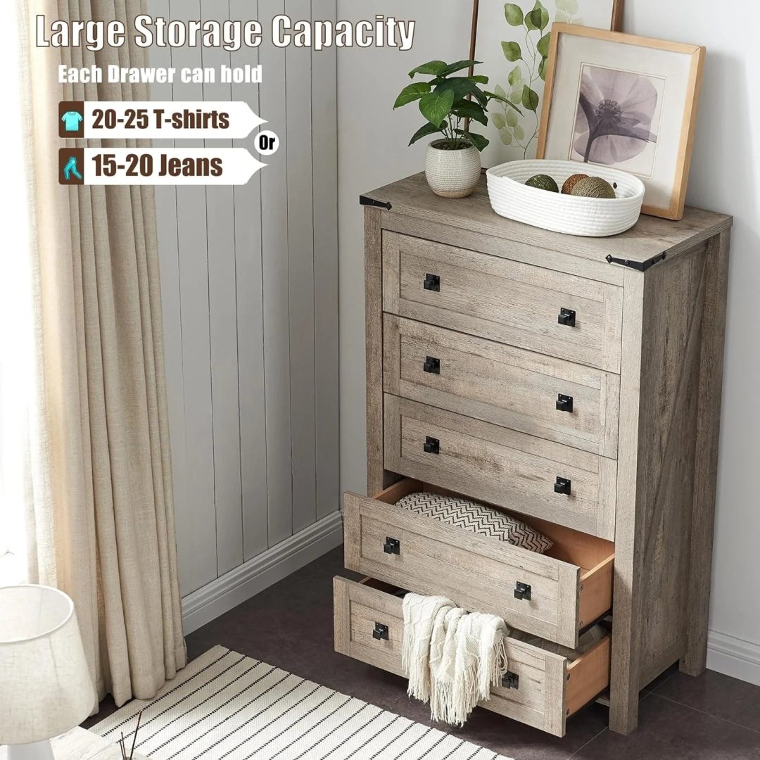 ZenVora 48 Inch Tall Farmhouse Wood Dresser, 5 Drawer Chest of Drawers for Bedroom