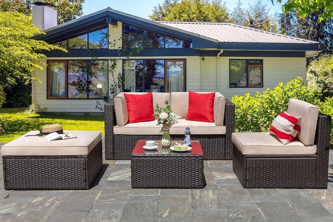ZenVora 5-Piece All-Weather Patio Furniture Set with Ottoman, Outdoor Wicker Conversation Sofa Set with Cushions for Garden, Deck & Backyard