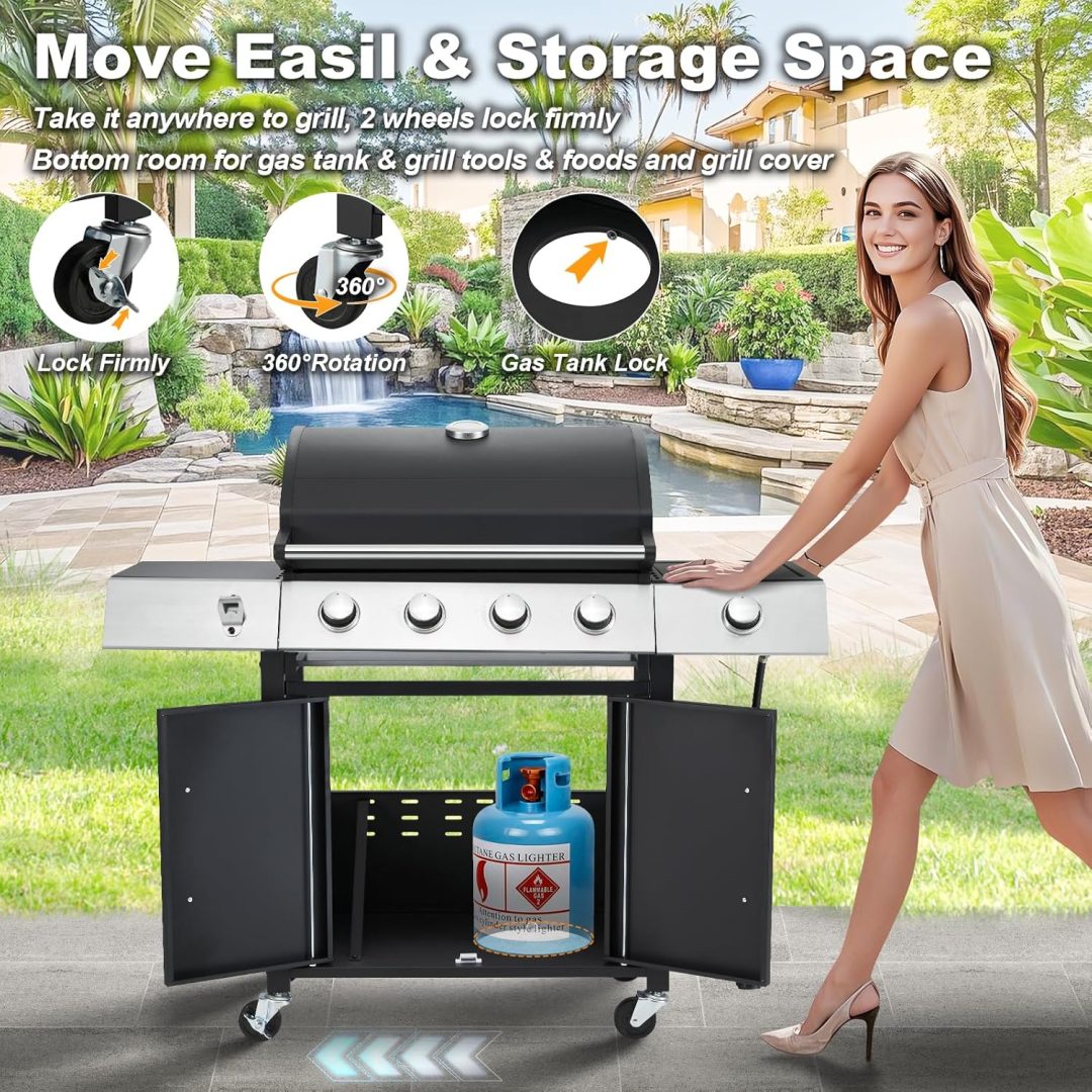 ZenVora 4-Burner Propane Gas Grill with Cast Iron Grates, Side Stove and 44,000 BTU Stainless Steel Burners