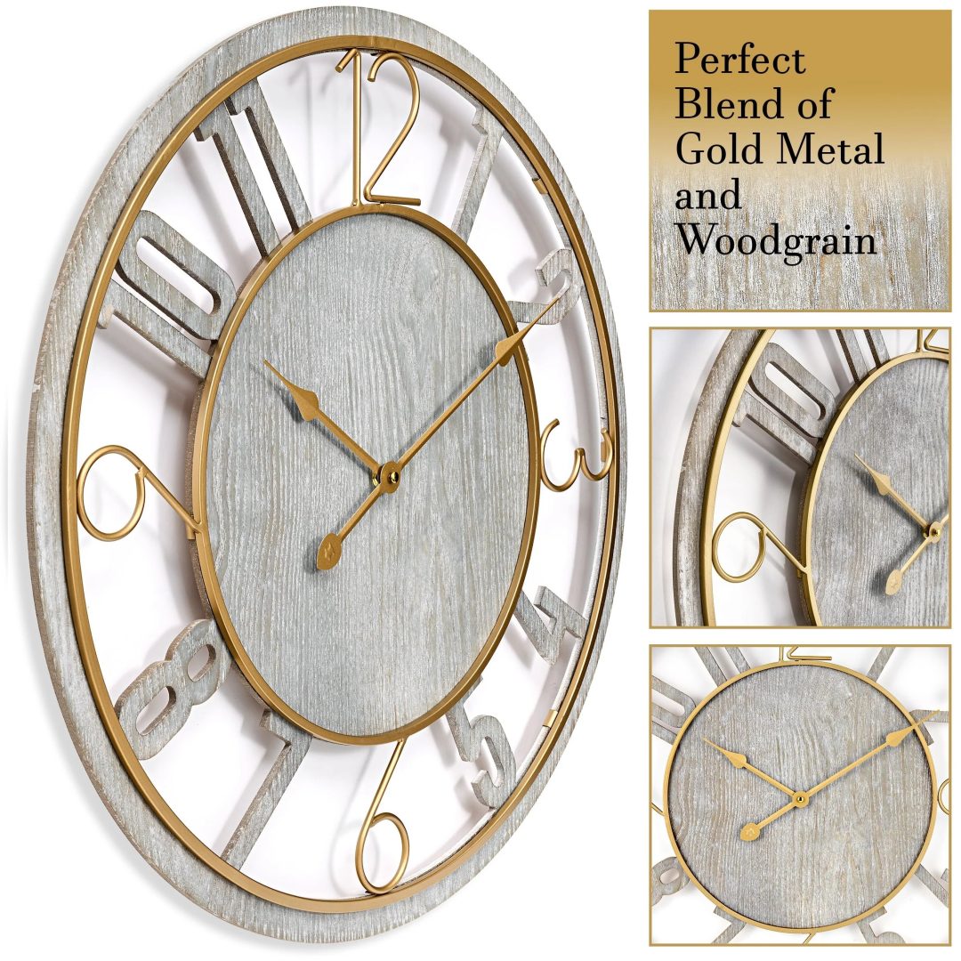 ZenVora 24 Inch Round Wooden Wall Clock, Modern Analog Clock with Numeral Design, Battery Operated
