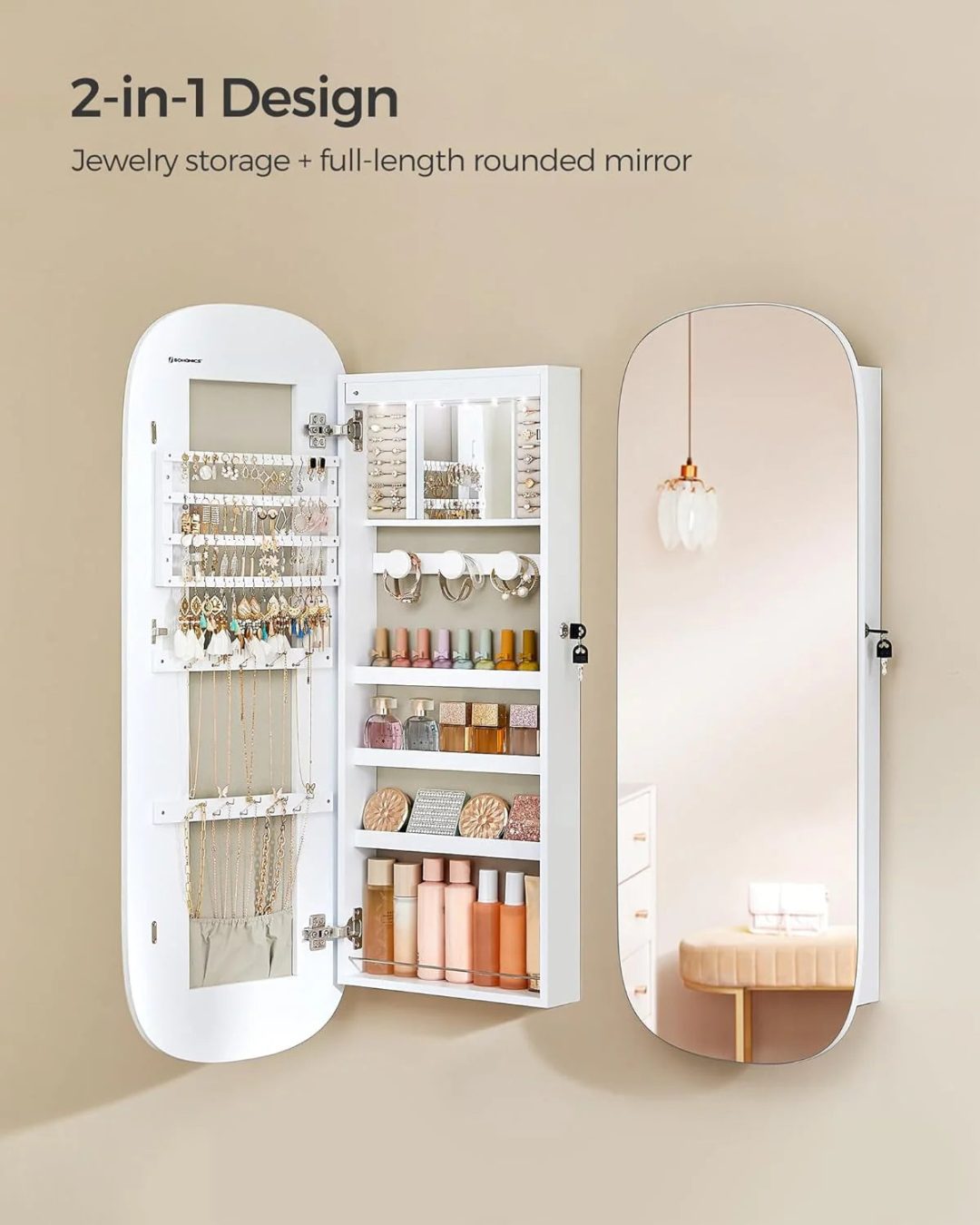 ZenVora LED Jewelry Organizer Cabinet, Wall or Door Mounted Jewelry Storage Mirror with LED Lights
