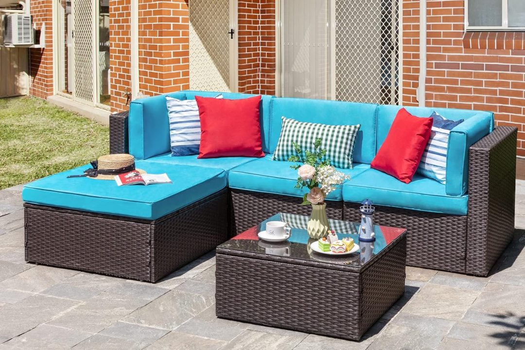ZenVora 5-Piece All-Weather Patio Furniture Set with Ottoman, Outdoor Wicker Conversation Sofa Set with Cushions for Garden, Deck & Backyard