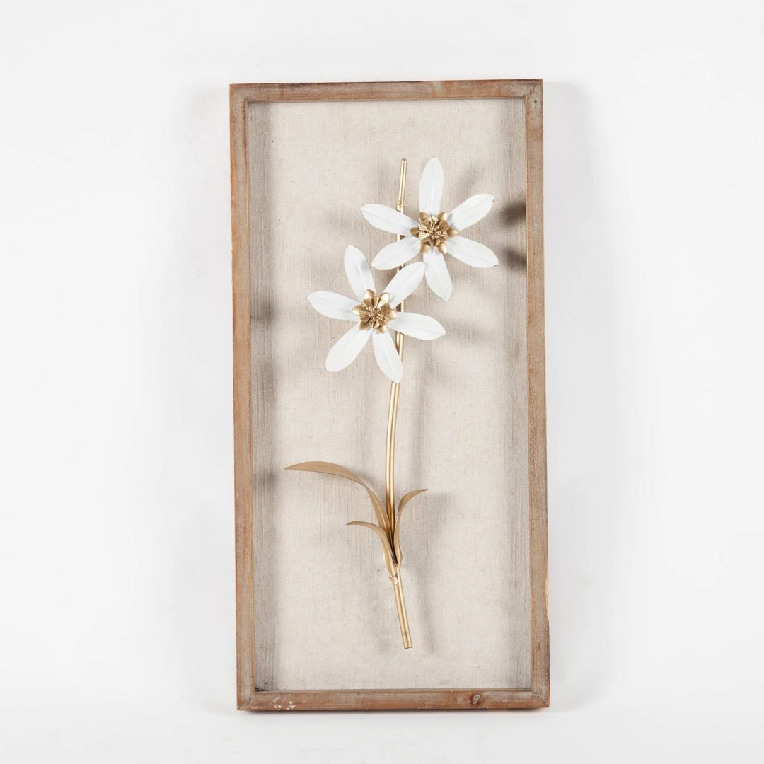 ZenVora Set of 2 White and Gold Metal Flower Wall Decor with Wood Frames, Decorative Floral Wall Art