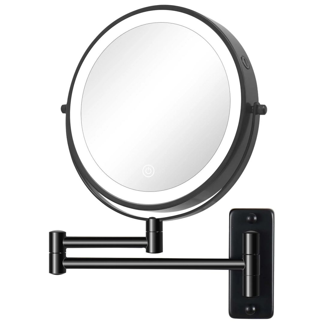 ZenVora 8 Inch Round Wall Mounted Makeup Mirror, Rechargeable, 1X/10X Magnification, 3-Color LED Lights