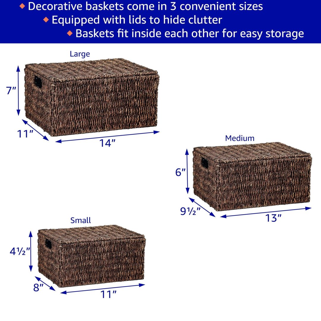 ZenVora Set of 3 Small Rectangular Seagrass Baskets with Lids, Woven Storage Baskets
