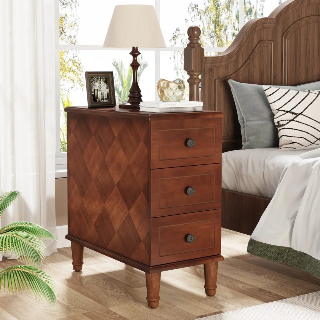 ZenVora Fully Assembled Narrow End Table, Solid Wood Side Table with 3 Drawers, Vintage Nightstand for Small Spaces