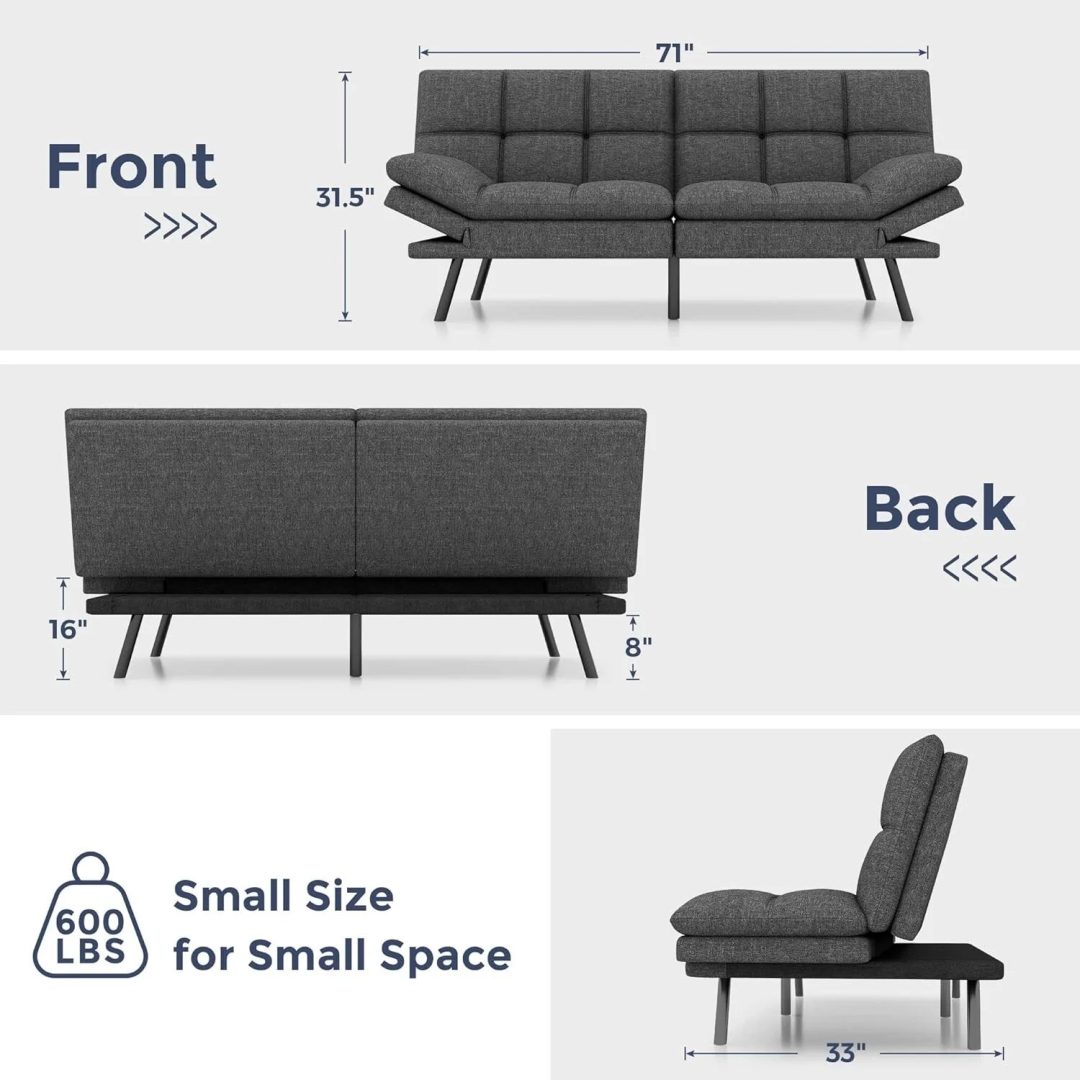 ZenVora Convertible Futon Sofa Bed with Memory Foam, Foldable Loveseat Sleeper with Adjustable Armrests