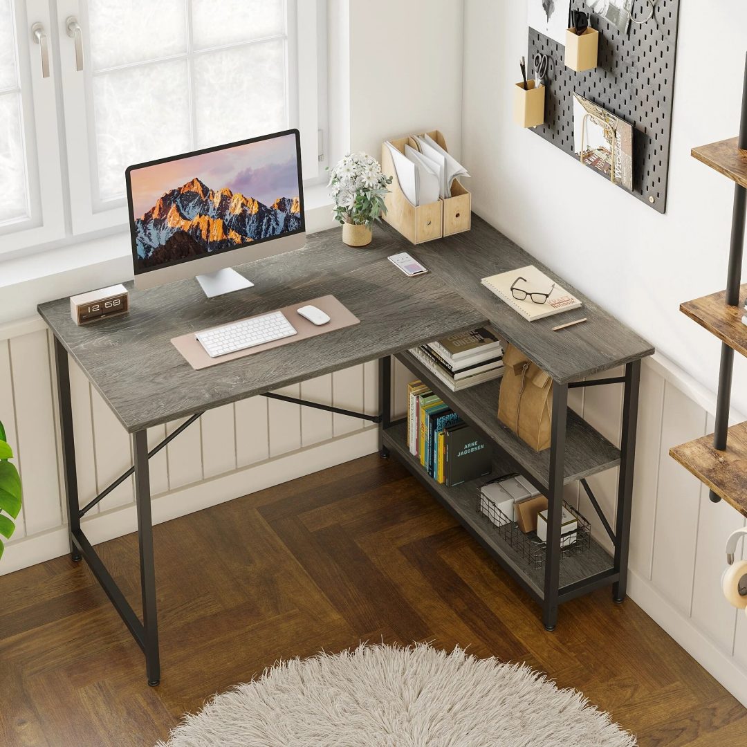ZenVora Small L Shaped Computer Desk with Storage Shelves, Compact Corner Workstation for Home Office and Study