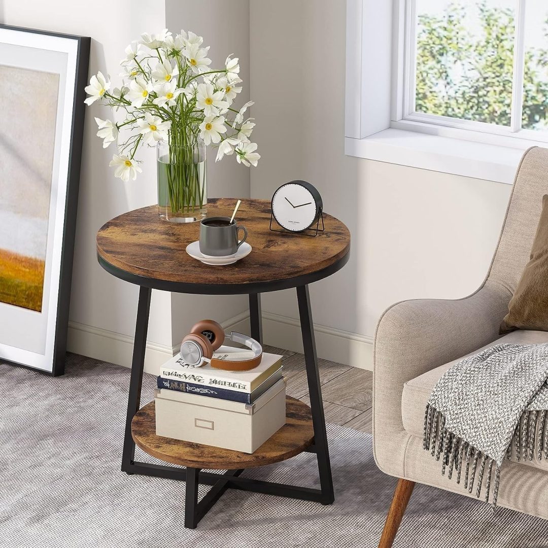 ZenVora Industrial Round End Table, Small Side Table and Accent Coffee Table for Living Room and Bedroom