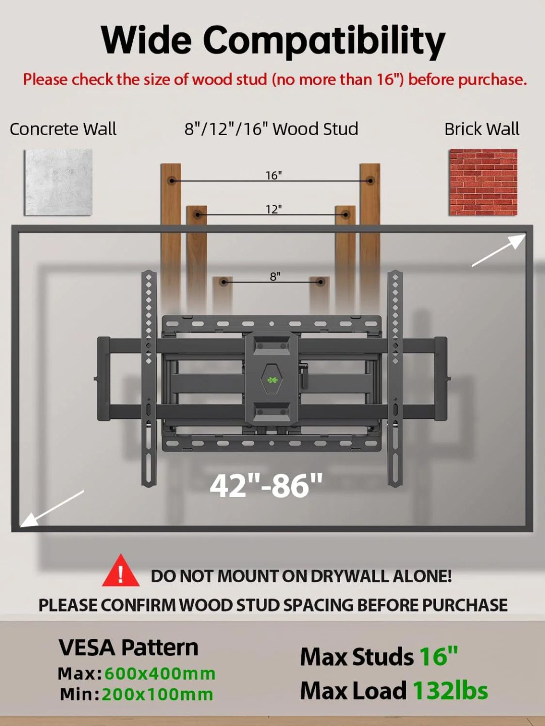 ZenVora Full Motion TV Wall Mount for Most 42-86 Inch Flat Screen TVs, Adjustable Swivel and Tilt Bracket
