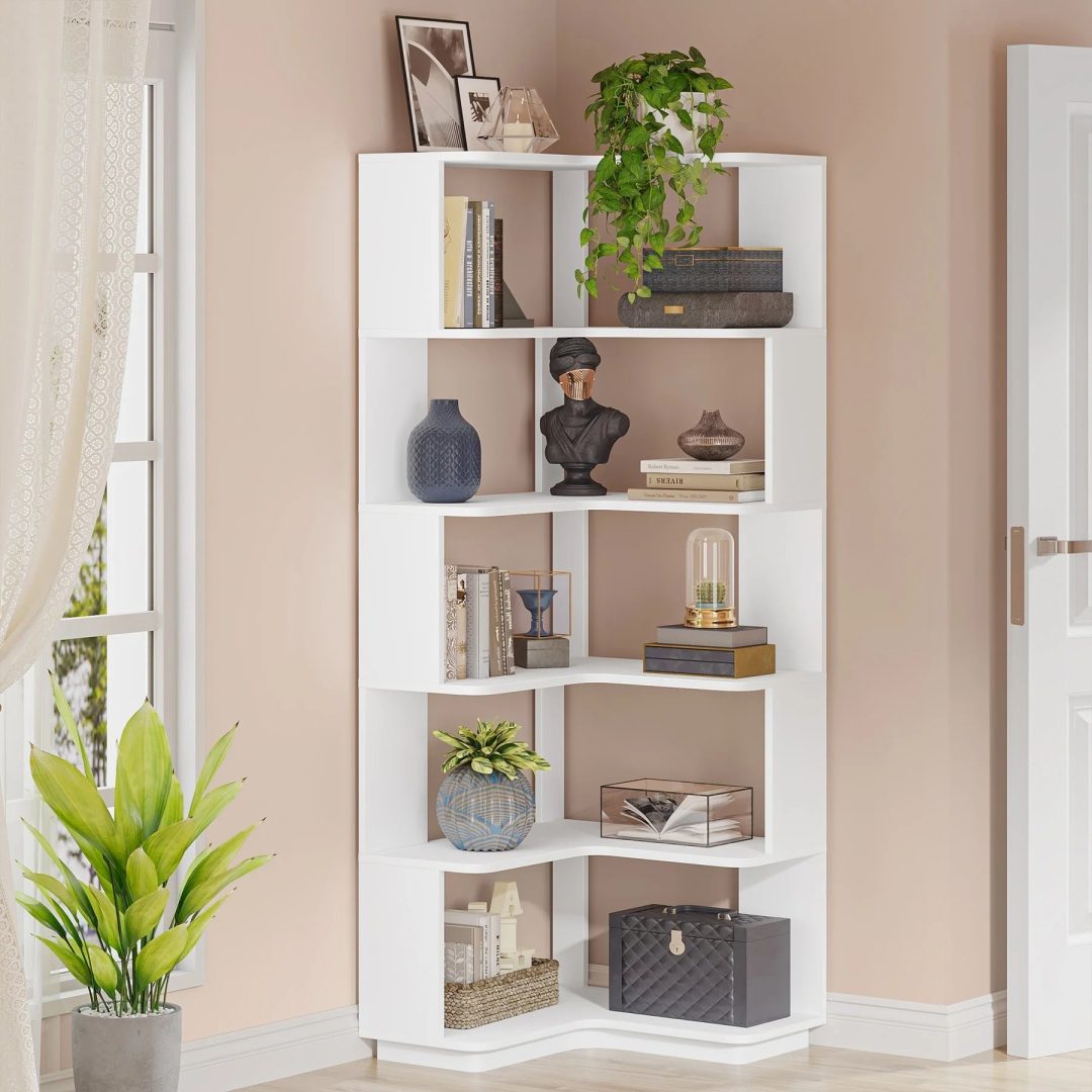 ZenVora 64.9 Inch Tall 6-Tier Corner Bookshelf, Freestanding Wood Industrial Bookcase