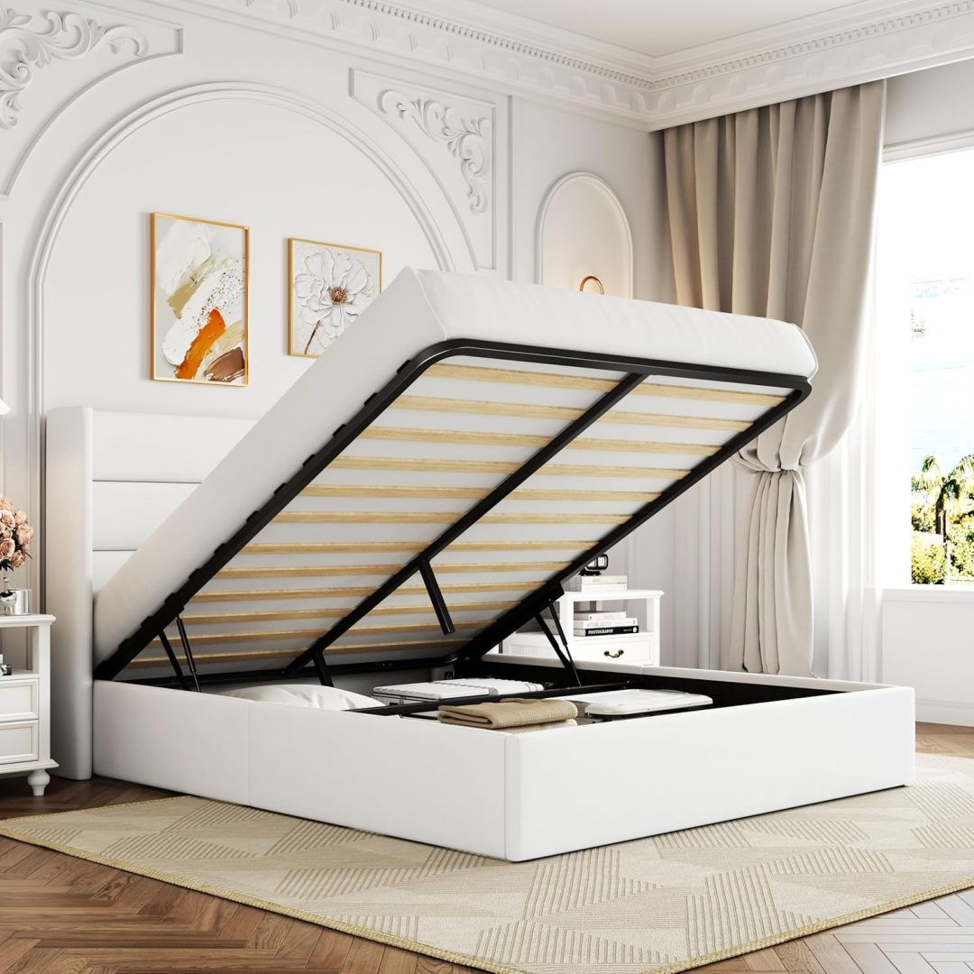 ZenVora Queen Size Lift Up Storage Bed with Wingback Headboard, Upholstered Platform Bed Frame with Hidden Storage