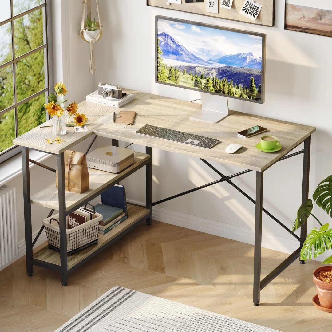 ZenVora Small L Shaped Computer Desk with Storage Shelves, Compact Corner Workstation for Home Office and Study