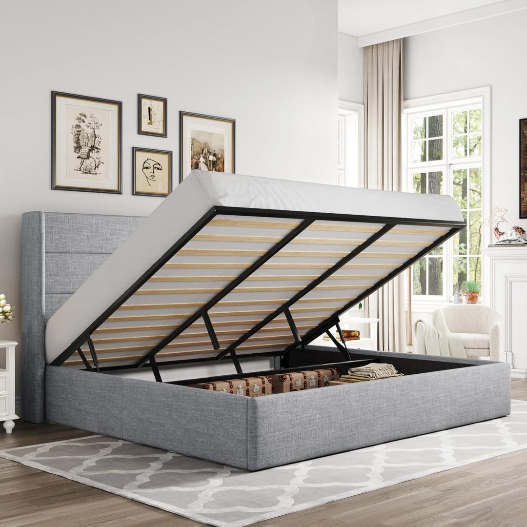 ZenVora Queen Size Lift Up Storage Bed with Wingback Headboard, Upholstered Platform Bed Frame with Hidden Storage