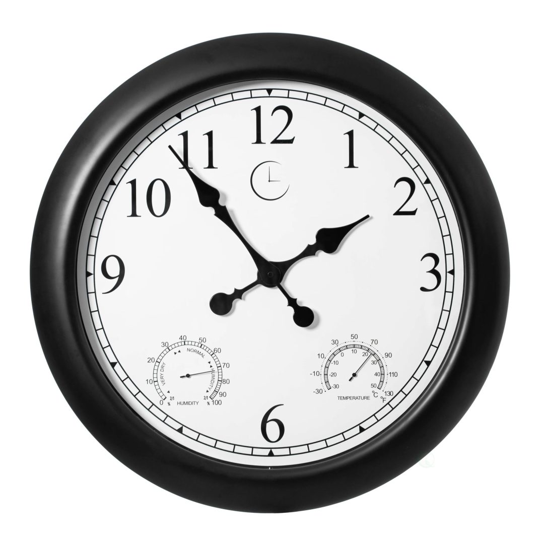 Large Outdoor Wall Clock with Thermometer, Waterproof Silent Garden Weather Station, Black