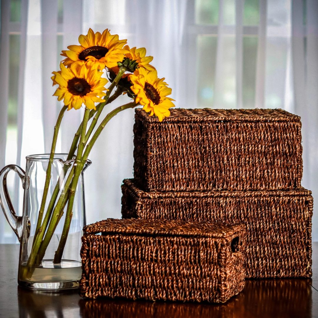 ZenVora Set of 3 Small Rectangular Seagrass Baskets with Lids, Woven Storage Baskets