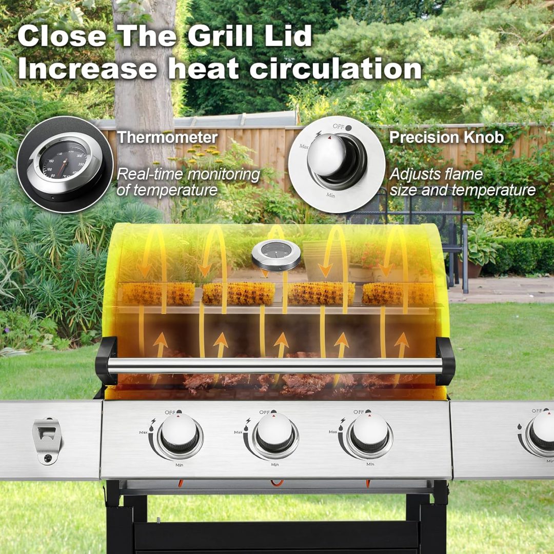 ZenVora 4-Burner Propane Gas Grill with Cast Iron Grates, Side Stove and 44,000 BTU Stainless Steel Burners