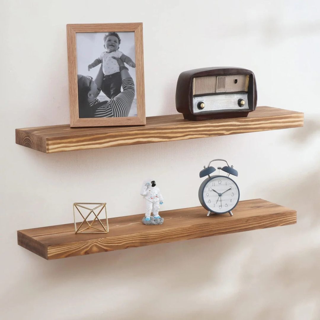 ZenVora Set of 2 Handcrafted European Pine Floating Wall Shelves, Natural Rustic Wood