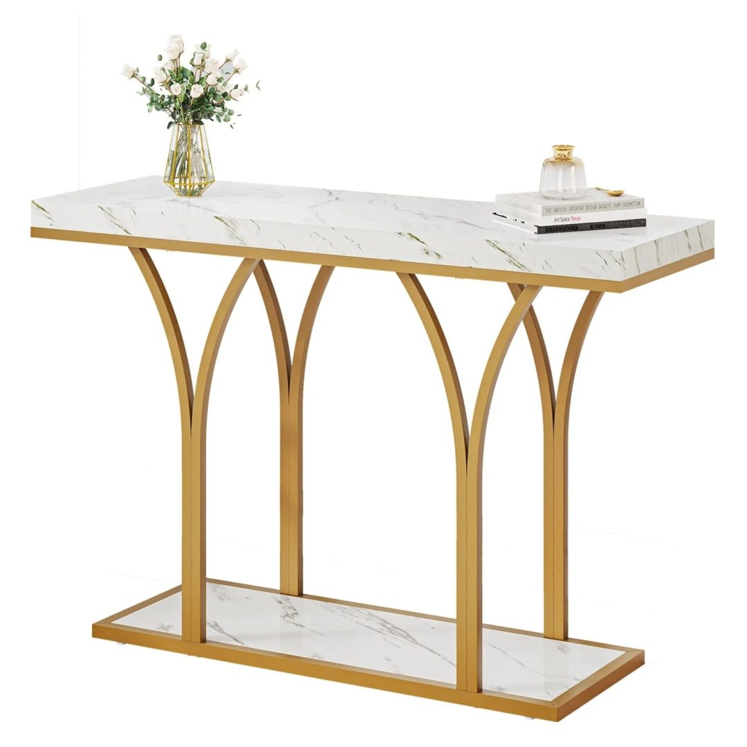 ZenVora Modern Gold Console Table with Marbled Top, Sofa Table for Entryway and Hallway