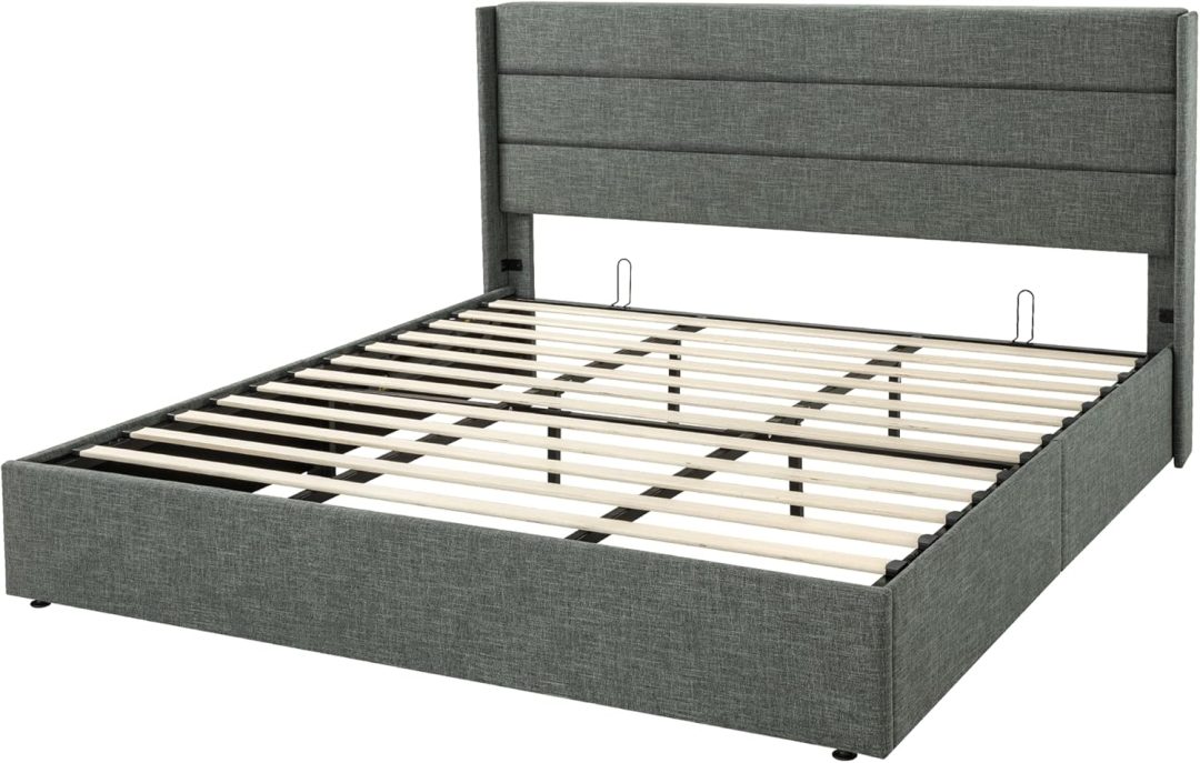ZenVora Queen Size Lift Up Storage Bed with Wingback Headboard, Upholstered Platform Bed Frame with Hidden Storage