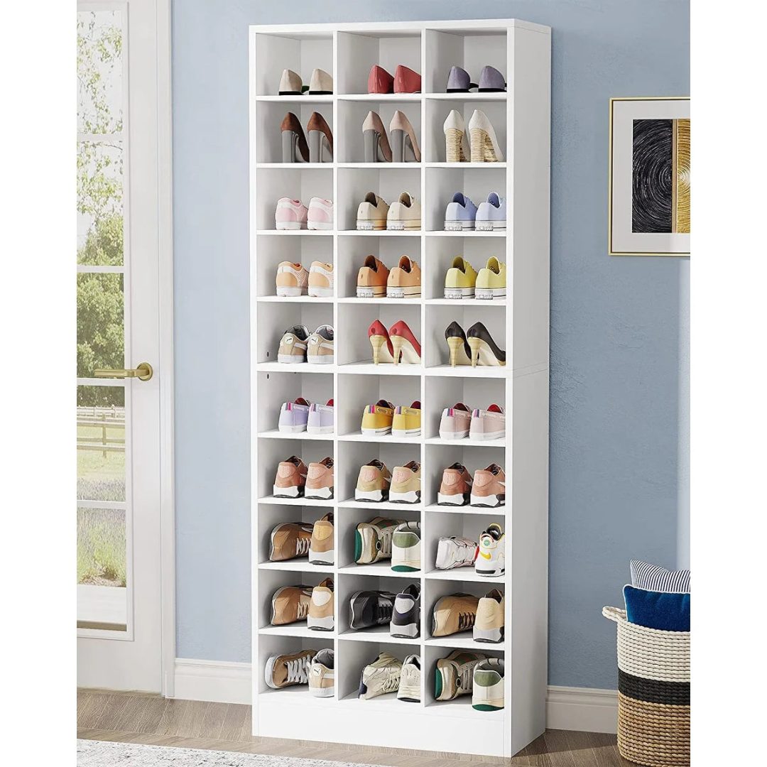 ZenVora 10-Tier Tall Shoe Cabinet, 30-Pair White Wood Shoe Storage Rack for Entryway and Closet