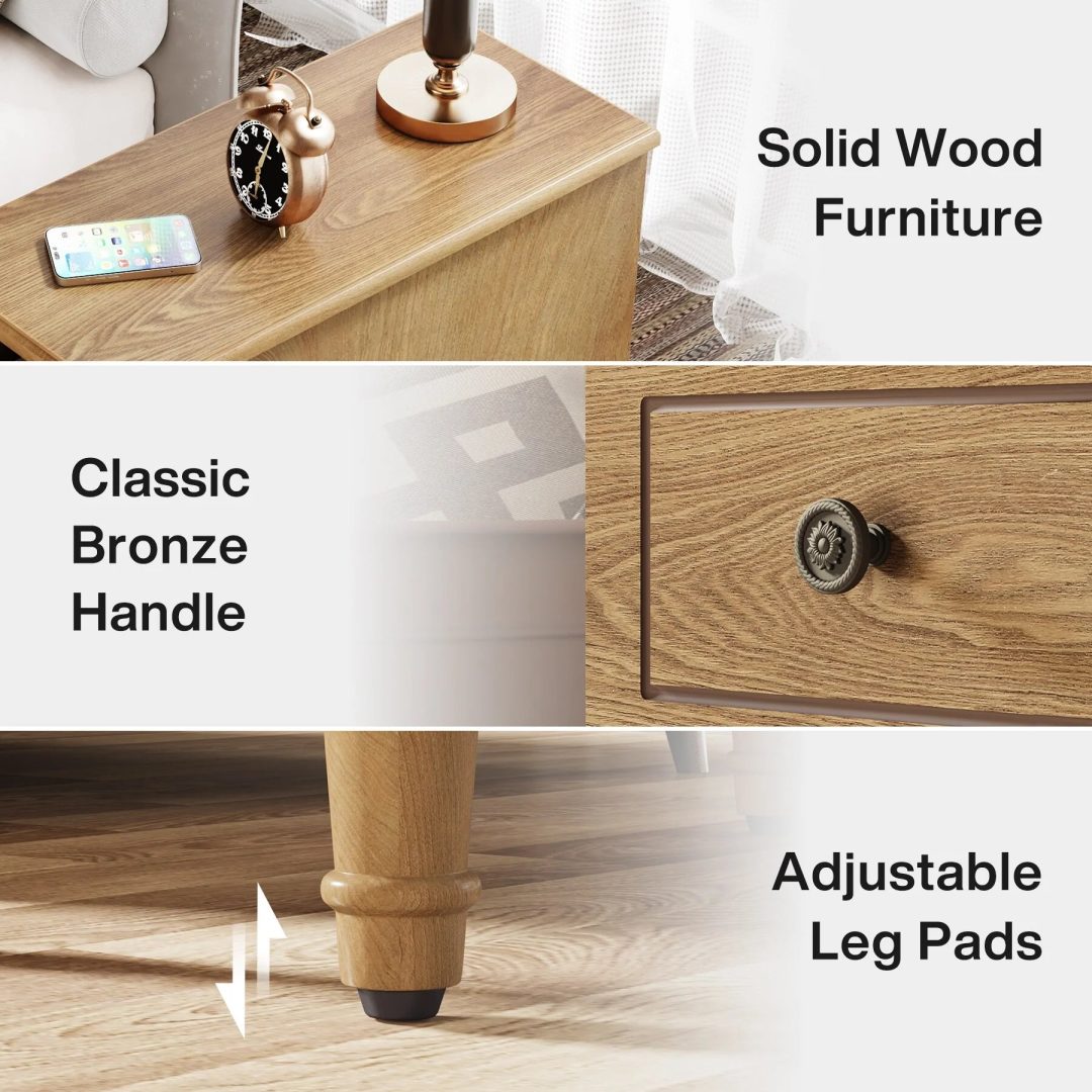ZenVora Fully Assembled Narrow End Table, Solid Wood Side Table with 3 Drawers, Vintage Nightstand for Small Spaces