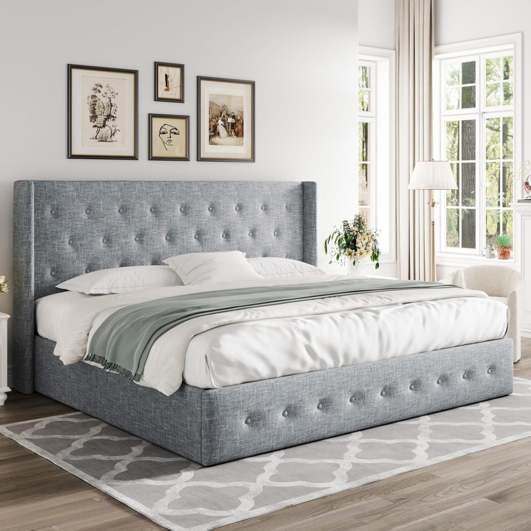 ZenVora Queen Size Lift Up Storage Bed with Wingback Headboard, Upholstered Platform Bed Frame with Hidden Storage