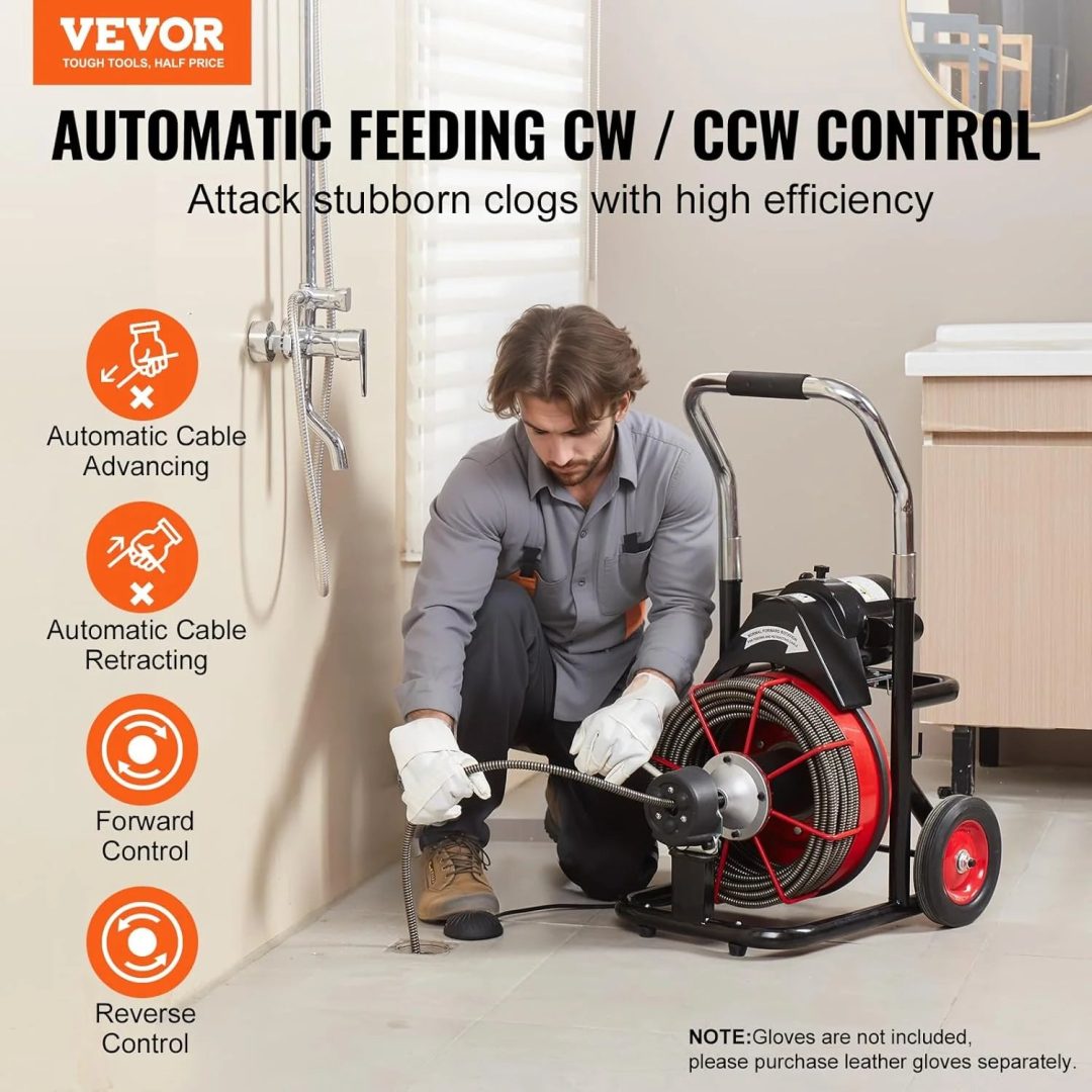 ZenVora 550W Drain Cleaning Machine, 100-Ft. x 1/2-Inch Sewer Snake Auger with 8 Cutters, Wheels and Foot Switch, for 2-4-Inch Pipes