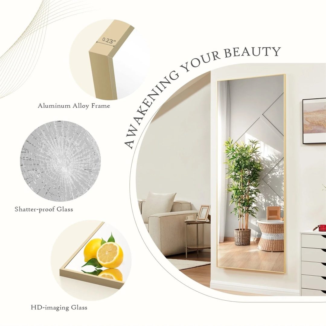 ZenVora Full Length Mirror with Stand, Aluminum Alloy Frame Full Body Floor Mirror for Bedroom and Cloakroom