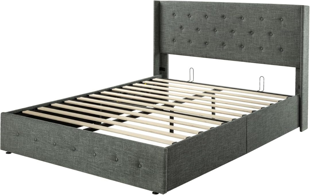 ZenVora Queen Size Lift Up Storage Bed with Wingback Headboard, Upholstered Platform Bed Frame with Hidden Storage